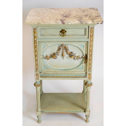 133 - BEDSIDE CABINETS, each 49cm W x 34cm D x 85cm H, an en suite pair, Louis XVI style painted with marb... 