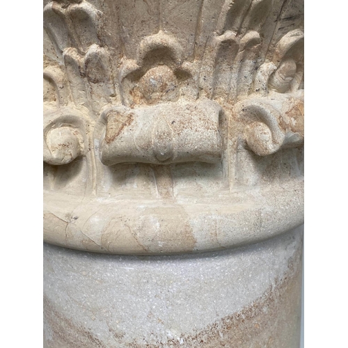 108 - STONE COLUMN, cylindrical column with carved Corinthian capping and plinth base, 30cm x 30cm x 99cm ... 