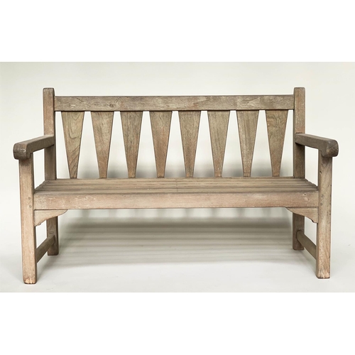 109 - GARDEN BENCH, weathered teak of slatted construction with triangular splat back, 140cm W.