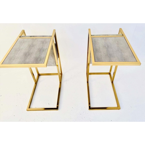 435 - SIDE TABLES, a pair, 61cm H x 30cm W x 49cm D, faux shagreen tops, with slung reading racks to the b... 