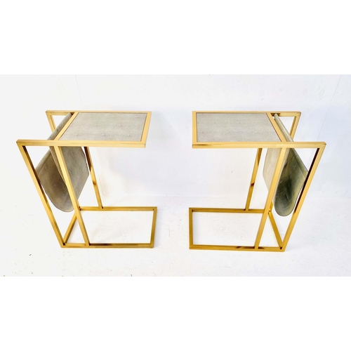 435 - SIDE TABLES, a pair, 61cm H x 30cm W x 49cm D, faux shagreen tops, with slung reading racks to the b... 