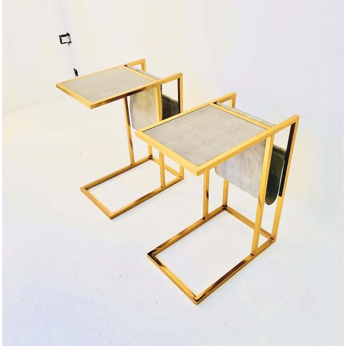 435 - SIDE TABLES, a pair, 61cm H x 30cm W x 49cm D, faux shagreen tops, with slung reading racks to the b... 