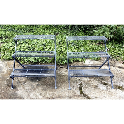 433 - GARDEN ETAGERES, 59cm H x 69cm W x 69cm D, a pair, three tier, lead grey painted metal. (2)