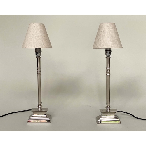 413 - CANDLESTICK TABLE LAMPS, Italian style chromium metal with stepped plinths and shades, 50cm H. (2)