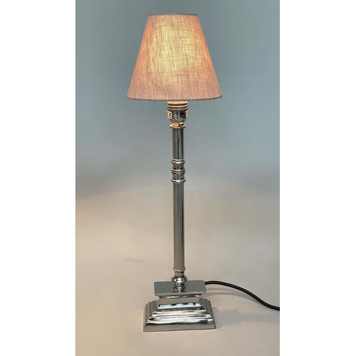 413 - CANDLESTICK TABLE LAMPS, Italian style chromium metal with stepped plinths and shades, 50cm H. (2)