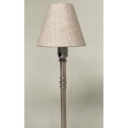 413 - CANDLESTICK TABLE LAMPS, Italian style chromium metal with stepped plinths and shades, 50cm H. (2)