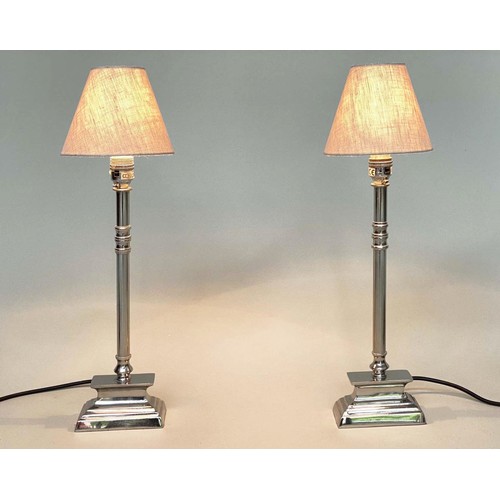 413 - CANDLESTICK TABLE LAMPS, Italian style chromium metal with stepped plinths and shades, 50cm H. (2)