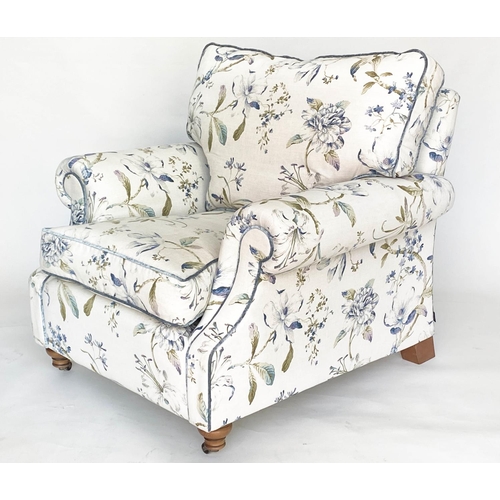 246 - ARMCHAIRS, a pair, 90cm W, Country House style 'hand made' in printed floral linen, with scroll arms... 