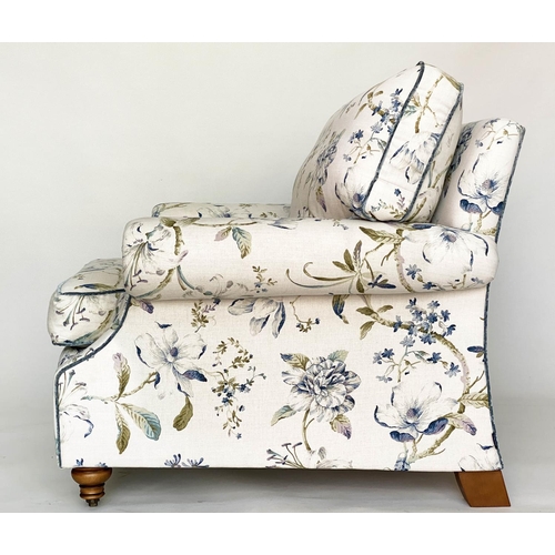 246 - ARMCHAIRS, a pair, 90cm W, Country House style 'hand made' in printed floral linen, with scroll arms... 