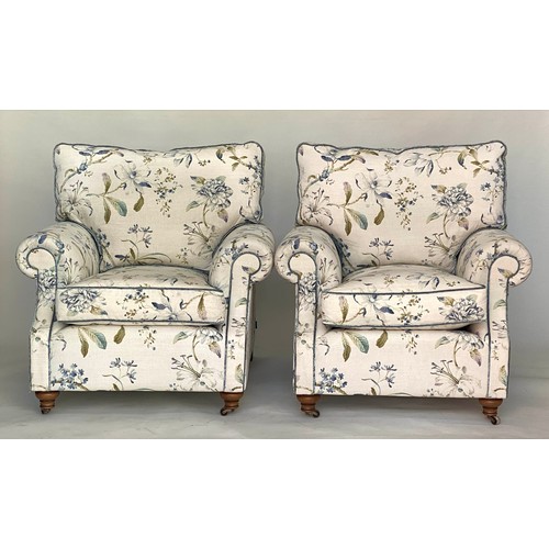 246 - ARMCHAIRS, a pair, 90cm W, Country House style 'hand made' in printed floral linen, with scroll arms... 