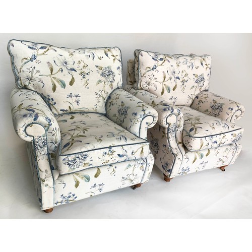 246 - ARMCHAIRS, a pair, 90cm W, Country House style 'hand made' in printed floral linen, with scroll arms... 