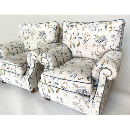 246 - ARMCHAIRS, a pair, 90cm W, Country House style 'hand made' in printed floral linen, with scroll arms... 