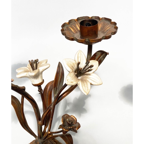 244 - FLOWER CANDLESTICKS, a pair, Italian style cast bronzed metal with ceramic flower heads, 40cm H. (2)