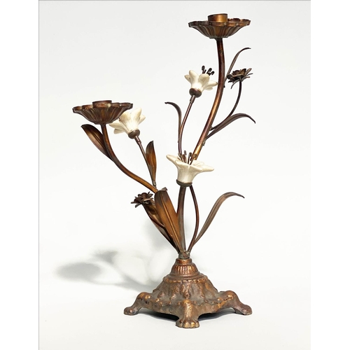 244 - FLOWER CANDLESTICKS, a pair, Italian style cast bronzed metal with ceramic flower heads, 40cm H. (2)