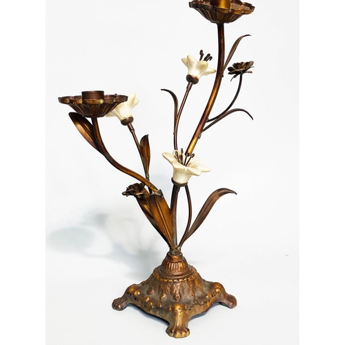 244 - FLOWER CANDLESTICKS, a pair, Italian style cast bronzed metal with ceramic flower heads, 40cm H. (2)