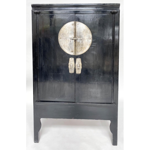 241 - MARRIAGE CABINET, 19th century Chinese lacquered and silvered metal mounted the two doors enclosing ... 