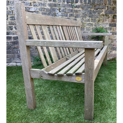 242 - GARDEN BENCH BY LISTER, 154cm W, weathered teak of slatted construction.