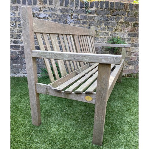 242 - GARDEN BENCH BY LISTER, 154cm W, weathered teak of slatted construction.