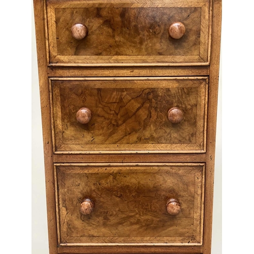 214 - BEDSIDE CHESTS, a pair, Georgian style burr walnut and crossbanded each with four drawers, 34cm W x ... 