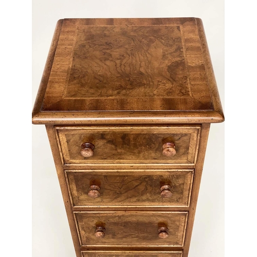 214 - BEDSIDE CHESTS, a pair, Georgian style burr walnut and crossbanded each with four drawers, 34cm W x ... 