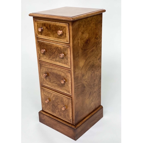 214 - BEDSIDE CHESTS, a pair, Georgian style burr walnut and crossbanded each with four drawers, 34cm W x ... 