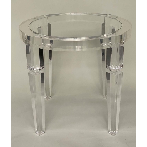 215 - LAMP TABLE, circular glazed and lucite-framed, 75cm H x 100cm W.