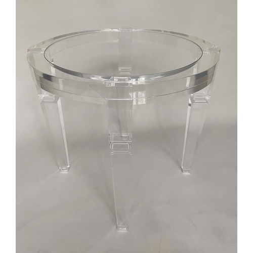 215 - LAMP TABLE, circular glazed and lucite-framed, 75cm H x 100cm W.