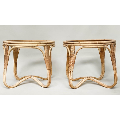 220 - LAMP TABLES, a pair circular rattan and cane bound with glazed tops, 56cm W x 50cm H. (2)