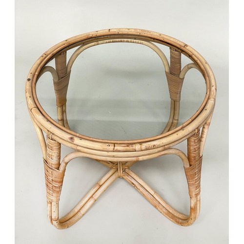 220 - LAMP TABLES, a pair circular rattan and cane bound with glazed tops, 56cm W x 50cm H. (2)