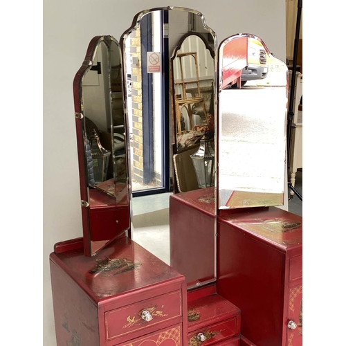 221 - DRESSING TABLE, 1930s scarlet lacquered and gilt polychrome chinoiserie decoration with triple mirro... 