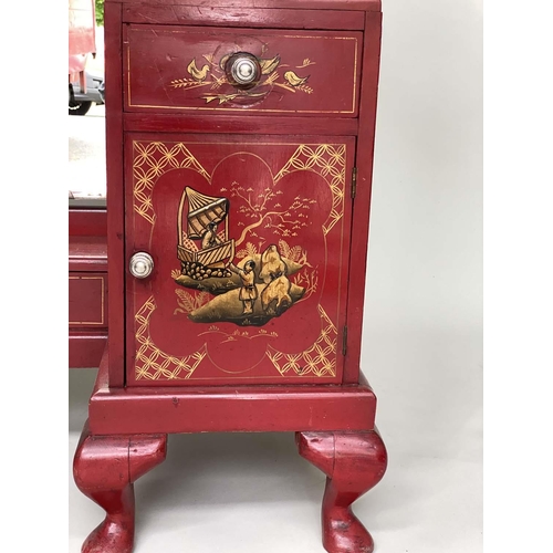 221 - DRESSING TABLE, 1930s scarlet lacquered and gilt polychrome chinoiserie decoration with triple mirro... 