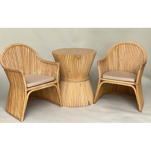 225 - TERRACE SET, rattan, bamboo and cane bound with two armchairs, 58cm W and wheatsheaf style table, 63... 