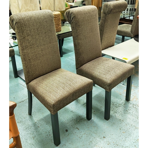 386 - ANDREW MARTIN RIVINGTON FOG FABRIC UPHOLSTERED DINING CHAIRS, a set of eight, Bespoke design, 108cm ... 