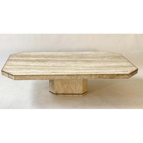 382 - TRAVERTINE LOW TABLE, 150cm x 91cm D x 40cm H, 1970's Italian travertine marble and brass bound, wit... 