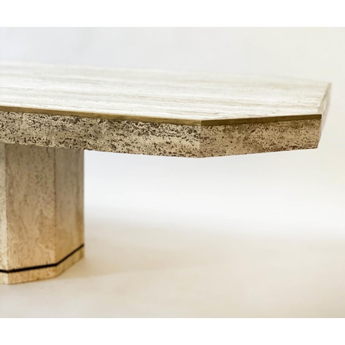 382 - TRAVERTINE LOW TABLE, 150cm x 91cm D x 40cm H, 1970's Italian travertine marble and brass bound, wit... 