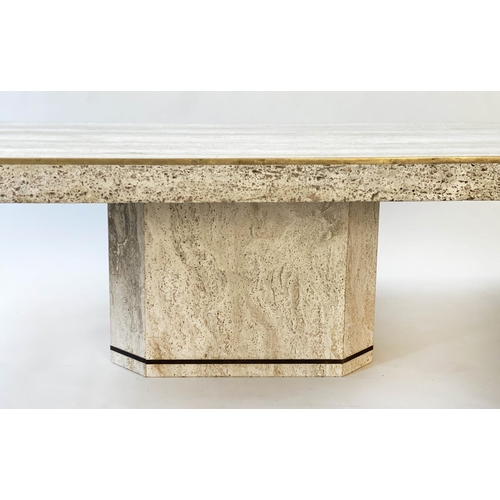 382 - TRAVERTINE LOW TABLE, 150cm x 91cm D x 40cm H, 1970's Italian travertine marble and brass bound, wit... 