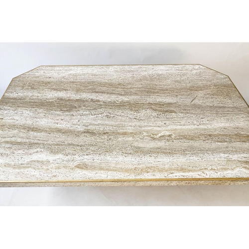 382 - TRAVERTINE LOW TABLE, 150cm x 91cm D x 40cm H, 1970's Italian travertine marble and brass bound, wit... 