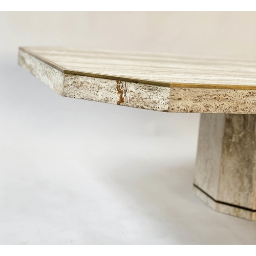 382 - TRAVERTINE LOW TABLE, 150cm x 91cm D x 40cm H, 1970's Italian travertine marble and brass bound, wit... 