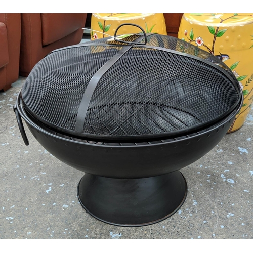 393 - FIRE BOWL, with lift off guard and grill, black painted metal, 60cm diam x 55cm.