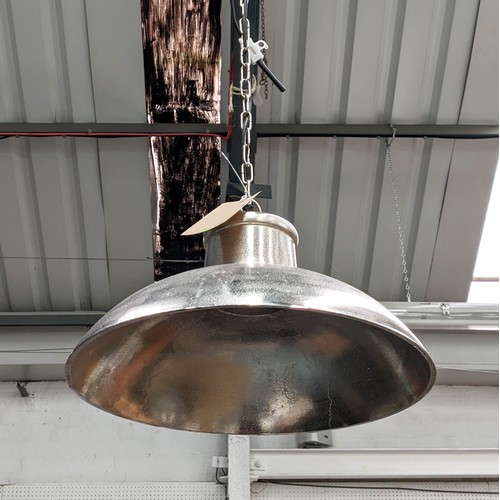 394 - CEILING PENDANT LIGHT, industrial inspired, polished metal, 145cm drop.