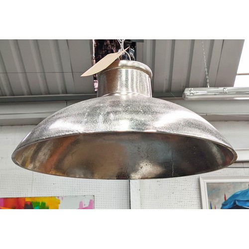 394 - CEILING PENDANT LIGHT, industrial inspired, polished metal, 145cm drop.