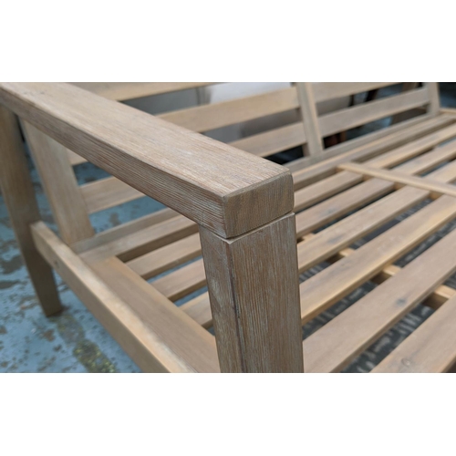 395 - GARDEN BENCH, contemporary slatted construction, 141.5cm W.