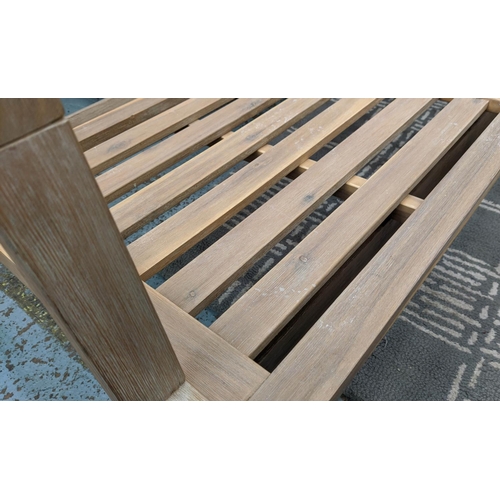 395 - GARDEN BENCH, contemporary slatted construction, 141.5cm W.