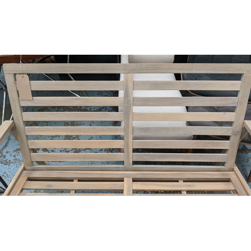 395 - GARDEN BENCH, contemporary slatted construction, 141.5cm W.