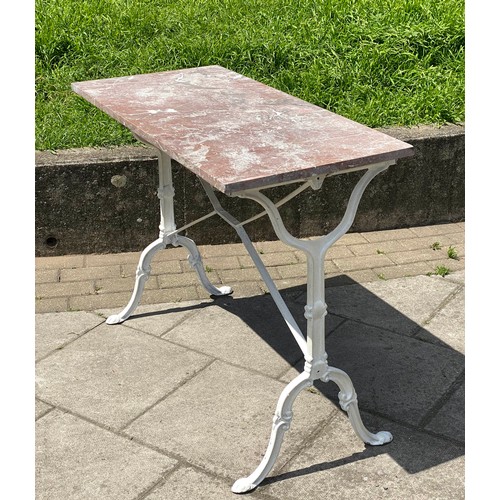 117 - POTTING/CONSERVATORY TABLE, antique weathered variegated rouge rectangular marble on painted cast ir... 