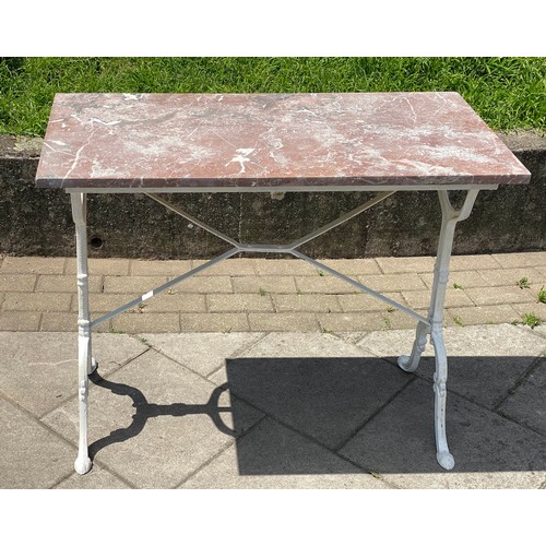 117 - POTTING/CONSERVATORY TABLE, antique weathered variegated rouge rectangular marble on painted cast ir... 