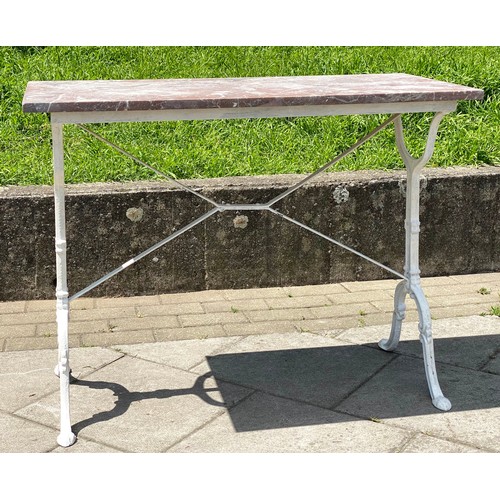 117 - POTTING/CONSERVATORY TABLE, antique weathered variegated rouge rectangular marble on painted cast ir... 