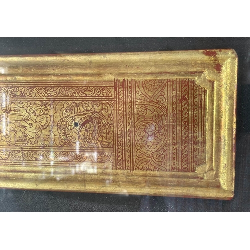 34 - FRAMED BURMESE PRAYER BOOK, 19th century Kammavaca, red lacquer and gilded, 175cm Hx 85cm W.