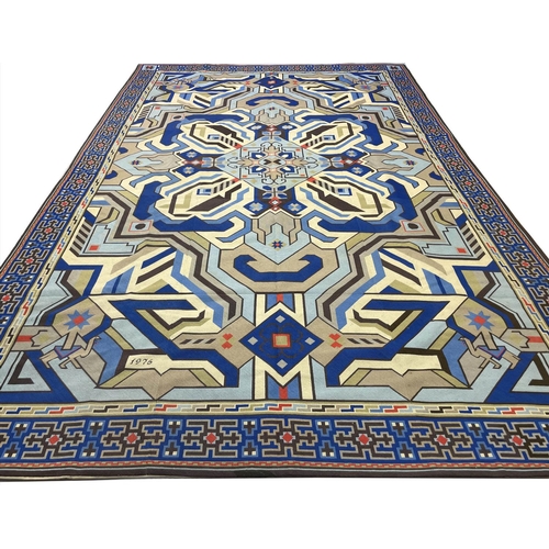 122 - SIGNED AND DATED UNUSUAL ART DECO DESIGN EUROPEAN NEEDLEPOINT CARPET, 393cm x 258cm.