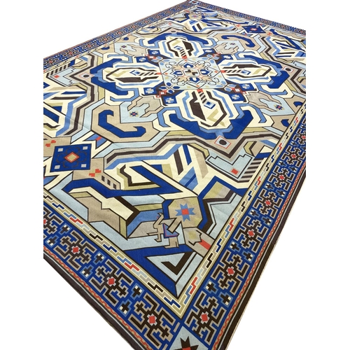 122 - SIGNED AND DATED UNUSUAL ART DECO DESIGN EUROPEAN NEEDLEPOINT CARPET, 393cm x 258cm.